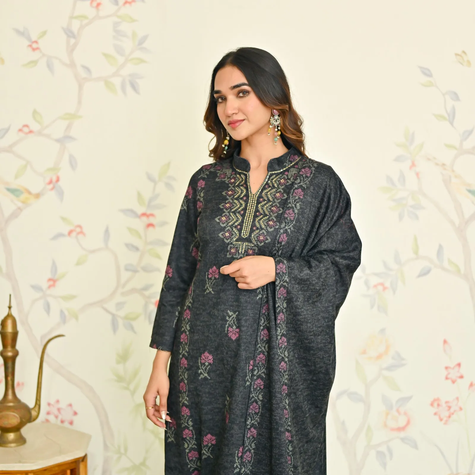 Black Embroidered Woollen Kurta Set with Dupatta