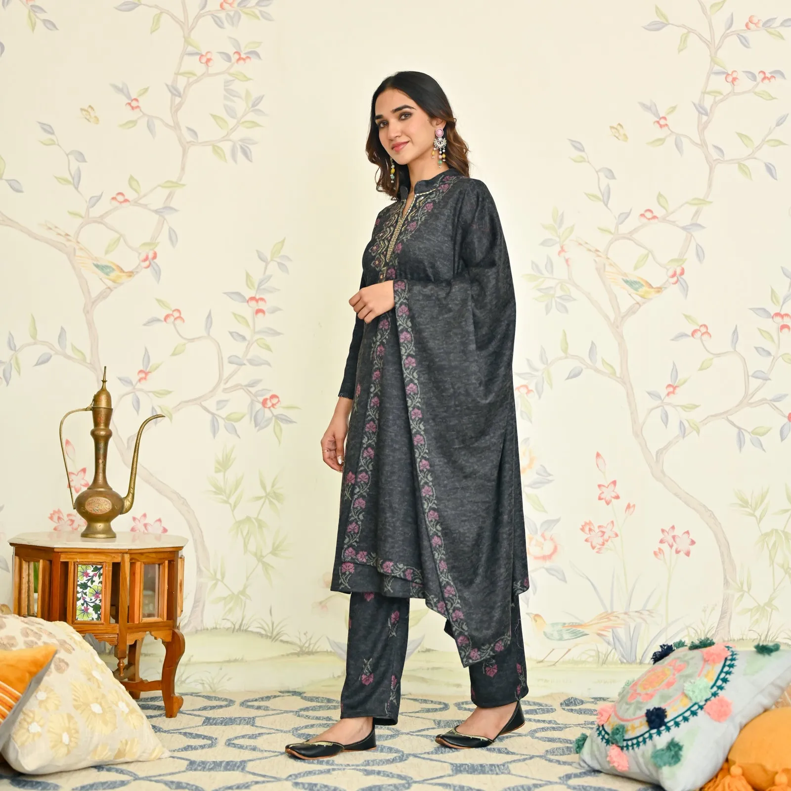 Black Embroidered Woollen Kurta Set with Dupatta