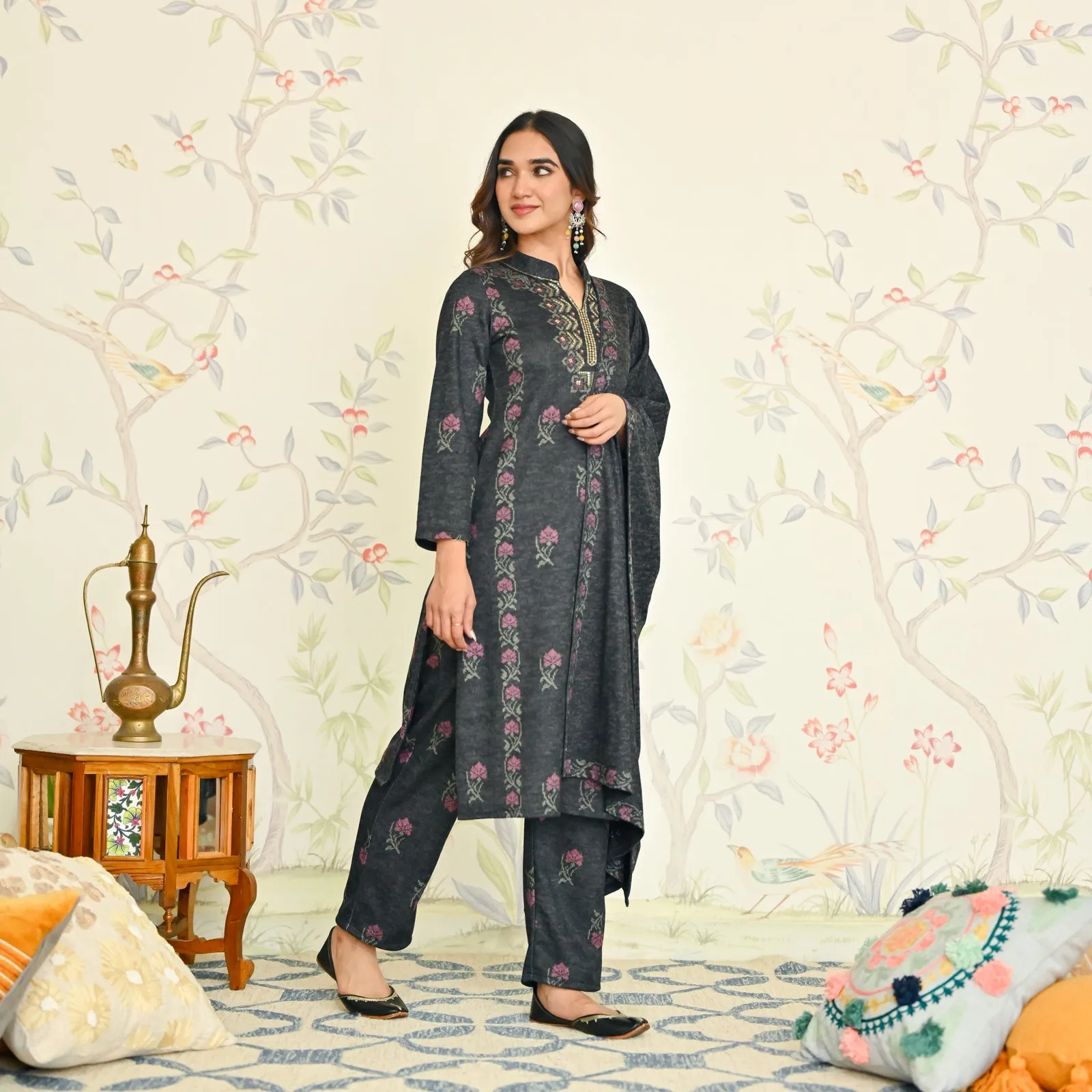 Black Embroidered Woollen Kurta Set with Dupatta