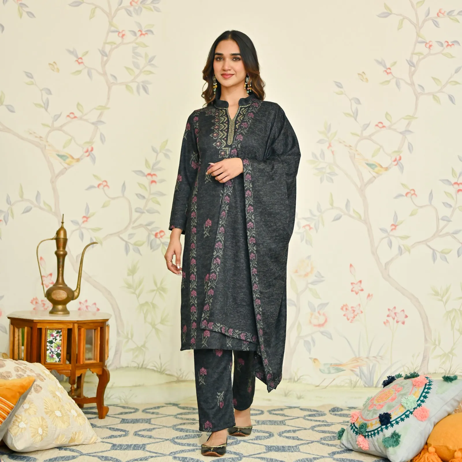 Black Embroidered Woollen Kurta Set with Dupatta