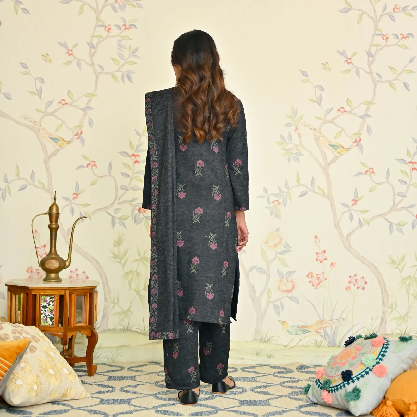 Black Embroidered Woollen Kurta Set with Dupatta