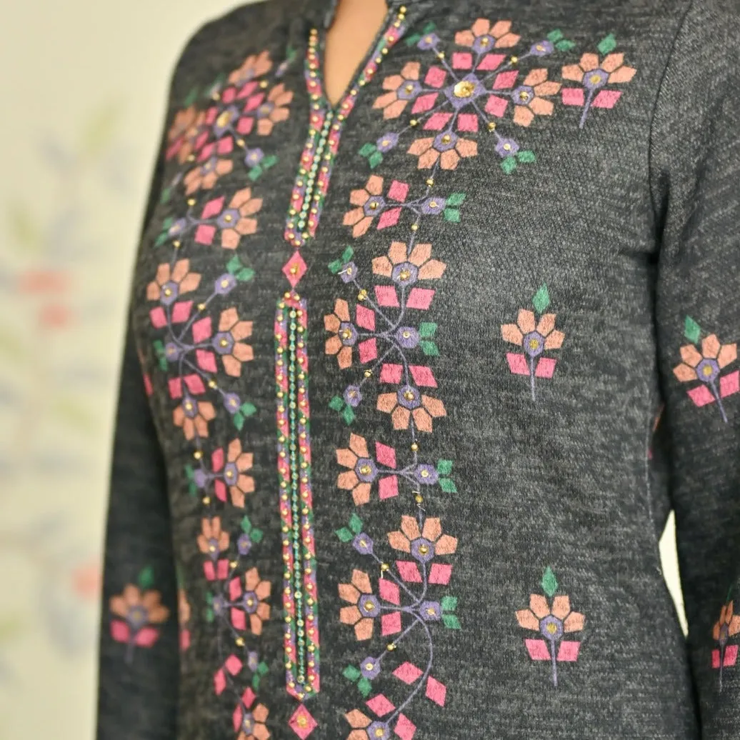 Black Geometric Floral Woollen Kurta with Embroidery Detail