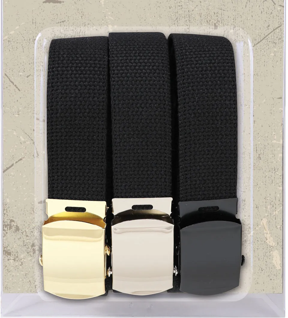 Black Military Web Belts 100% Cotton Adjustable Belt with Slider Buckle 54" - 3PACK