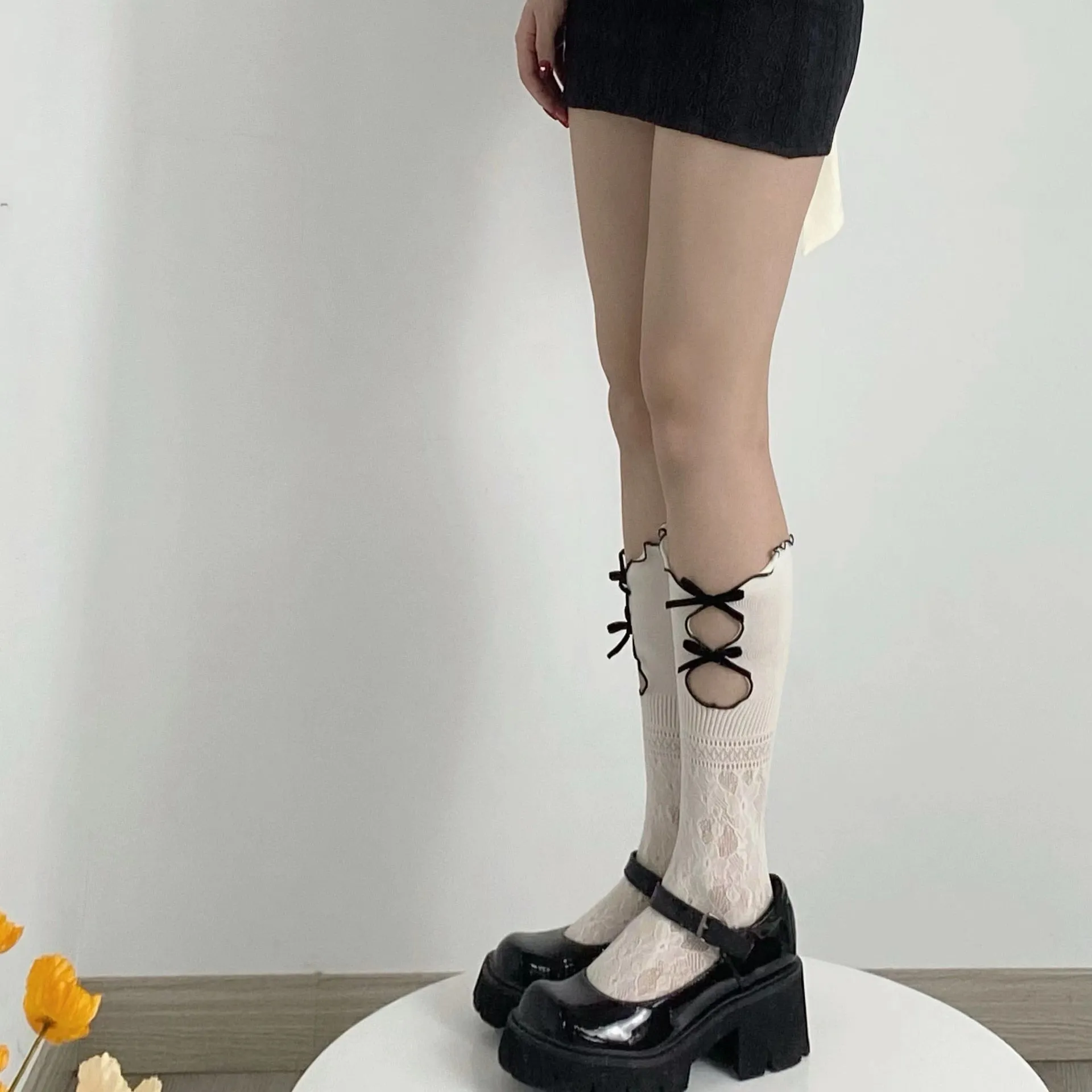 Black Ribbon & White Lace Socks