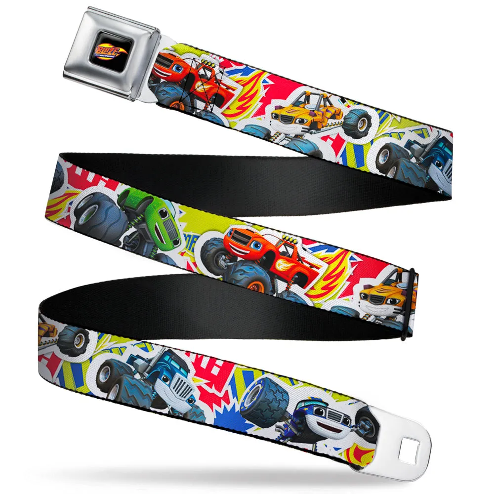 BLAZE AND THE MONSTER MACHINES Logo Full Color Black/Orange/Yellow/Purple Seatbelt Belt - Blaze & 5-Trucks/Flames Collage Green/Multi Color Webbing by Buckle-Down