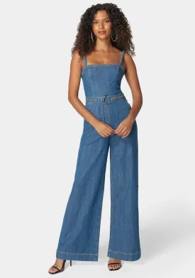 Braided Detail Ultra Wide Leg Denim Jumpsuit