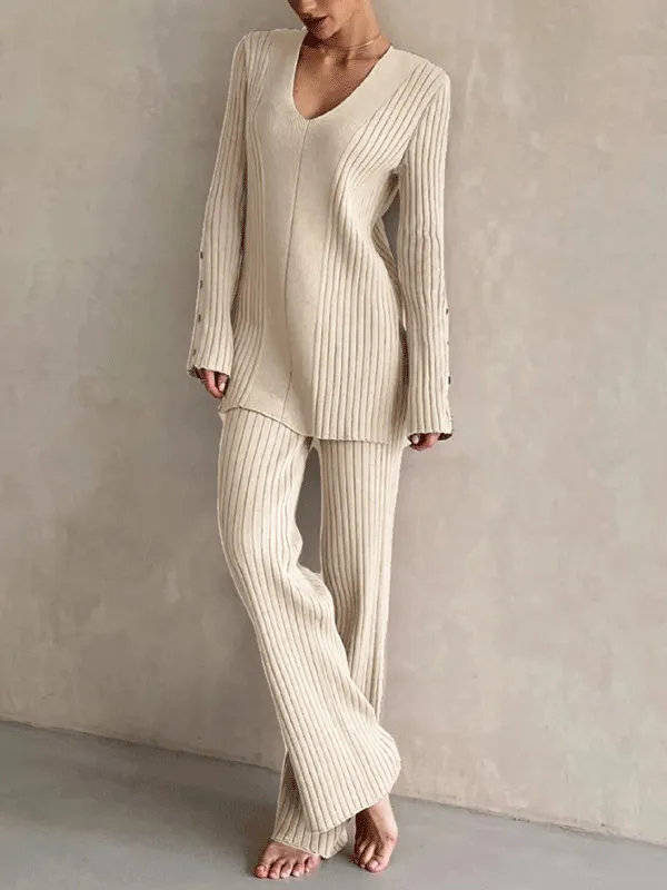 Button Design Solid Color Knit Suit