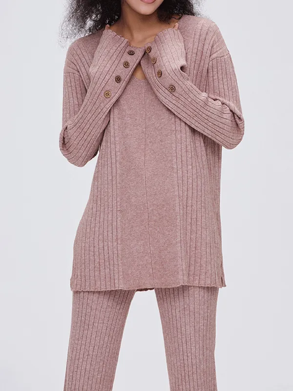 Button Design Solid Color Knit Suit