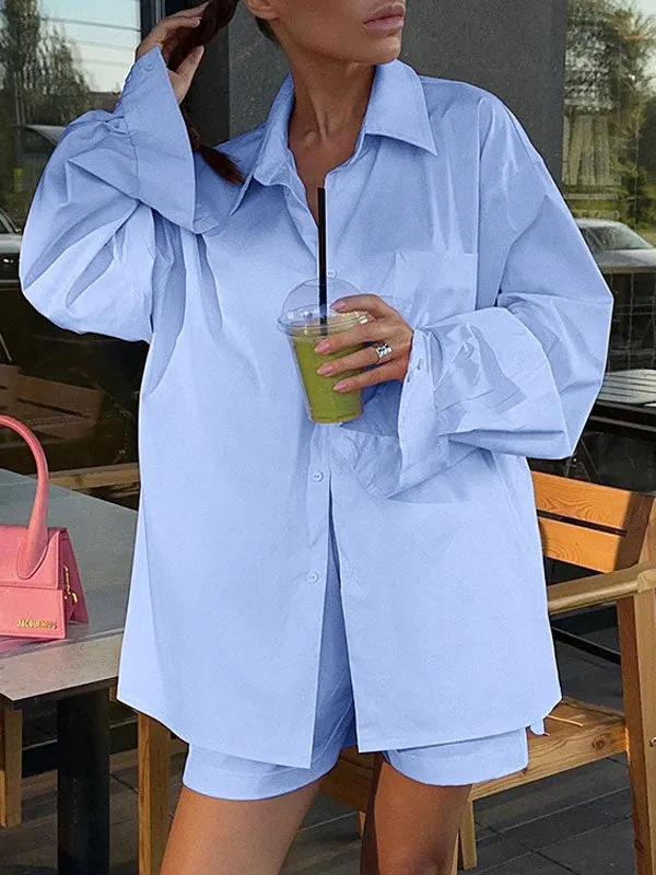 Button Down Solid Color Shirt & Shorts Set