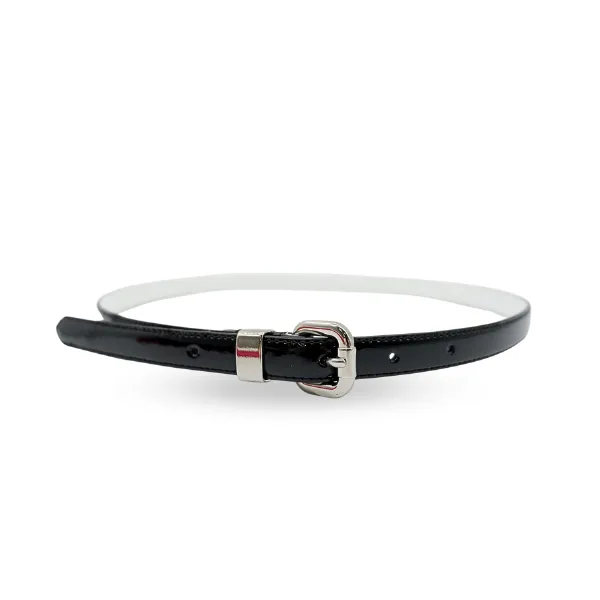 CARRIE - Women's Black Patent Skinny Leather Belt with Silver Buckle