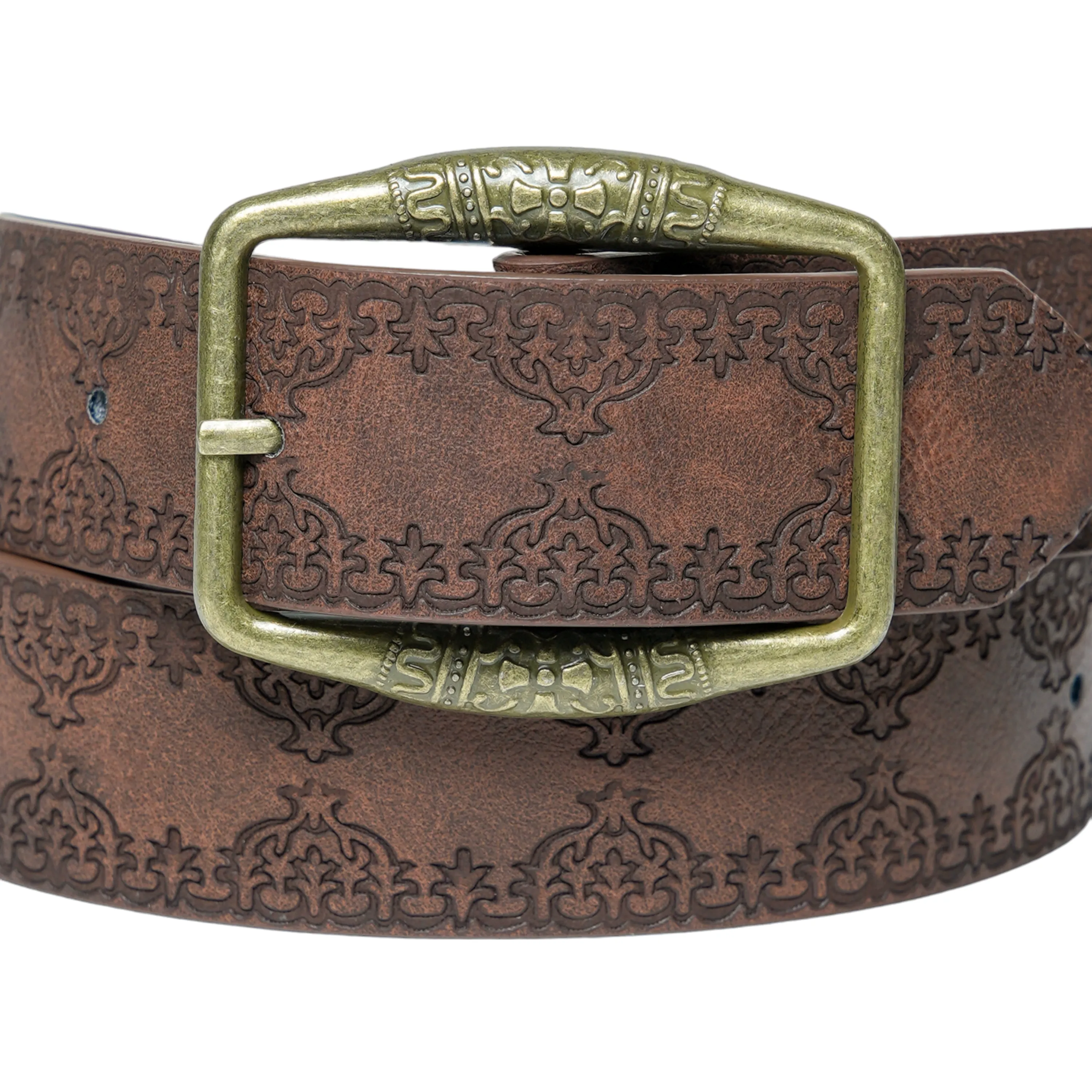 Chokore Brass Buckle Leather Belt with Vintage Embossed (Brown)