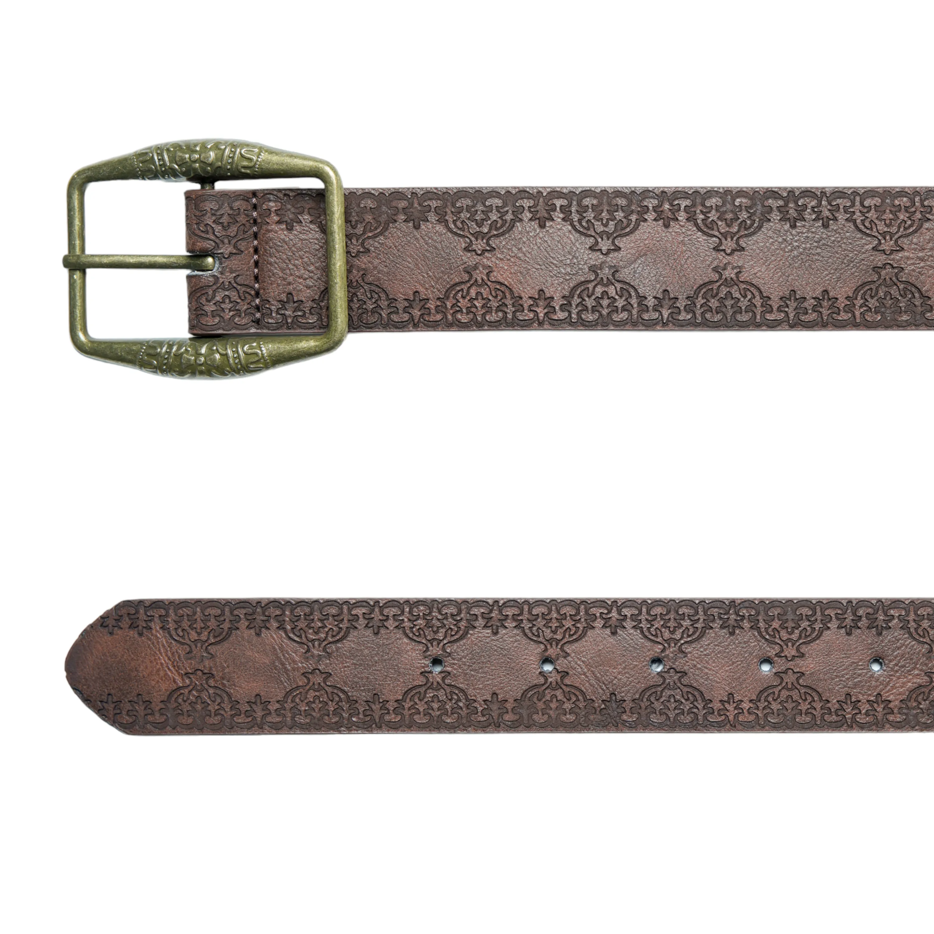 Chokore Brass Buckle Leather Belt with Vintage Embossed (Brown)