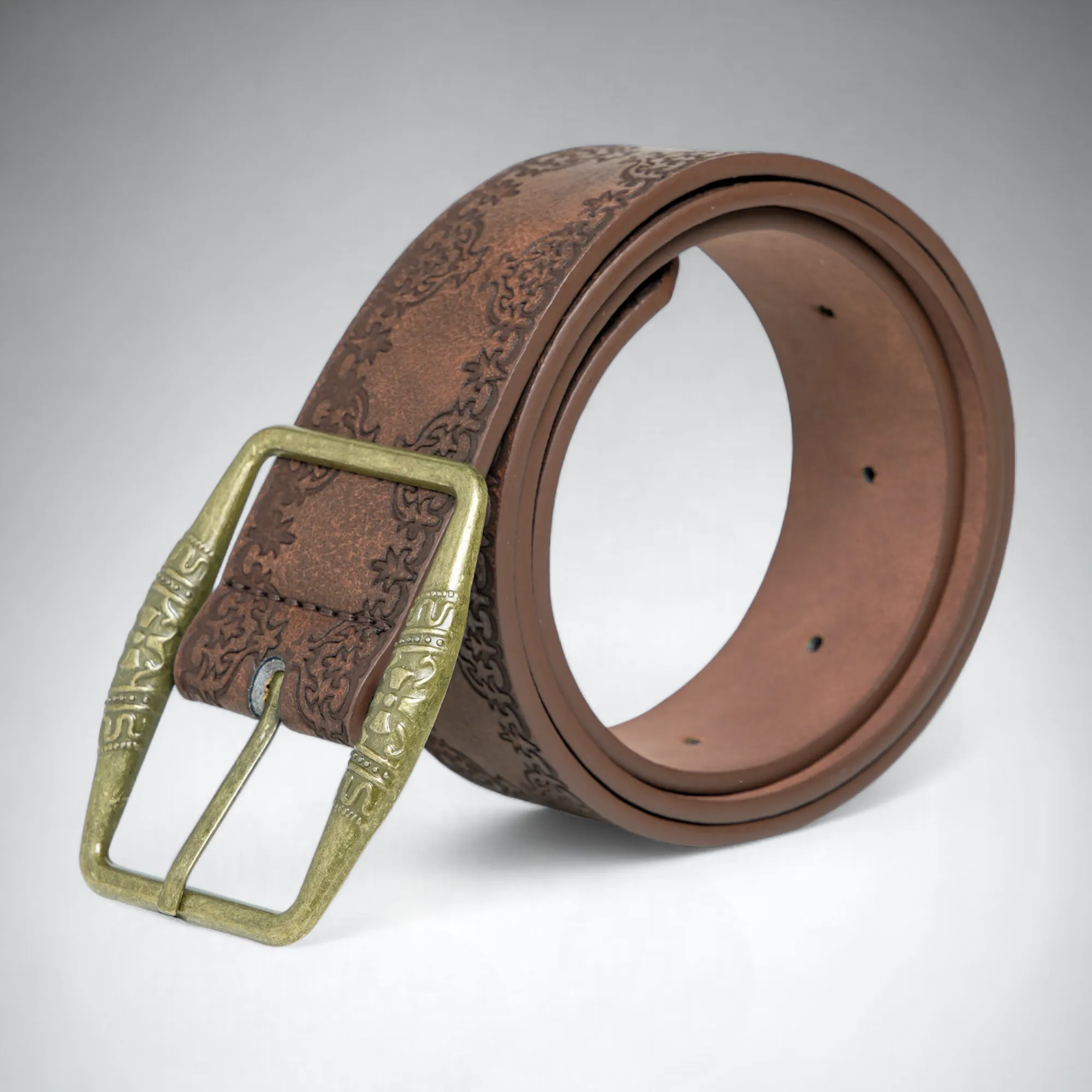 Chokore Brass Buckle Leather Belt with Vintage Embossed (Brown)