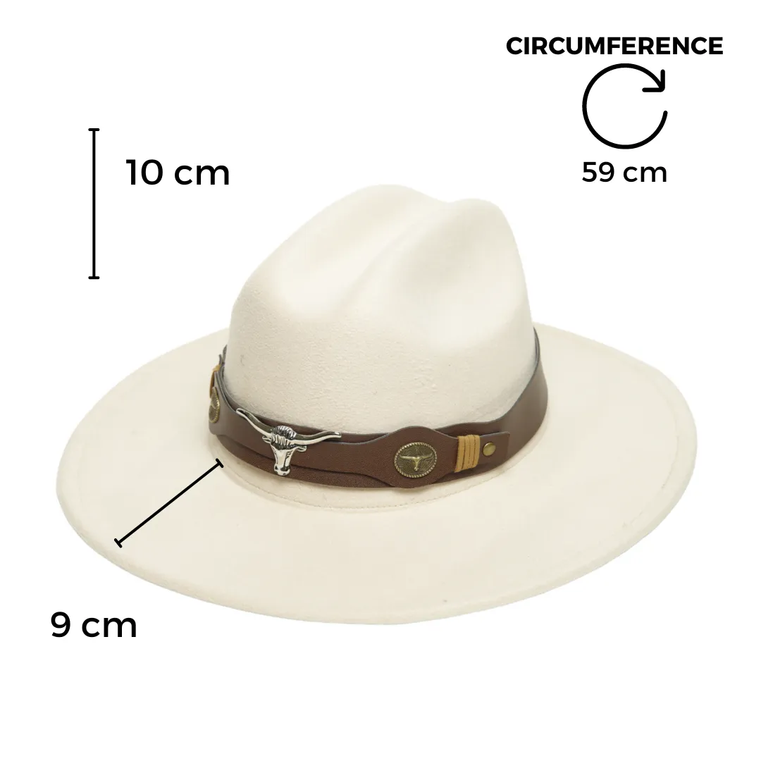 Chokore Pinched Cowboy Hat with Ox head belt  (Off White)