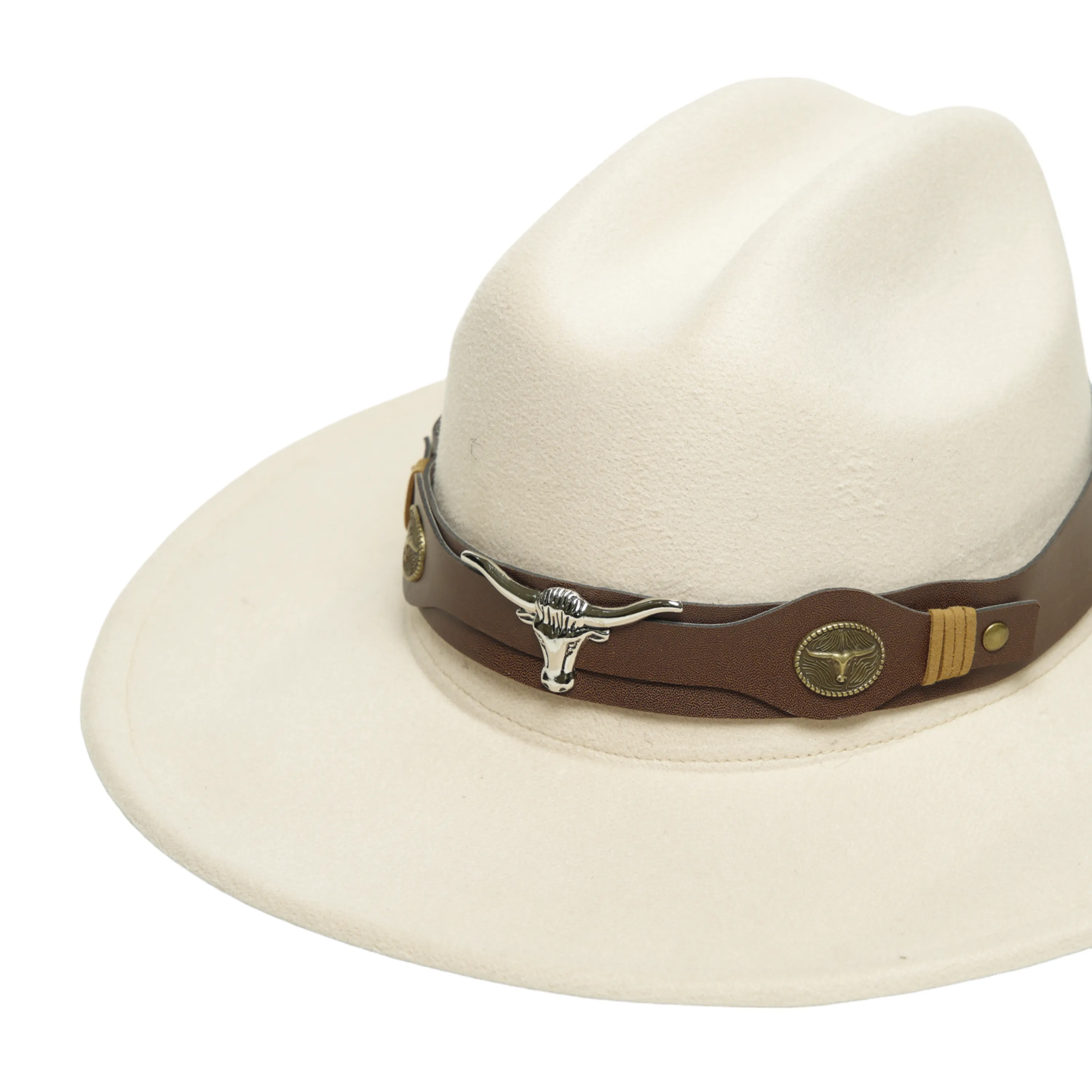 Chokore Pinched Cowboy Hat with Ox head belt  (Off White)