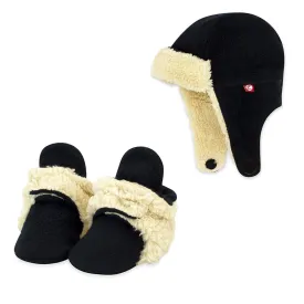 Cozie Furry Bootie & Trapper Hat Set - Black