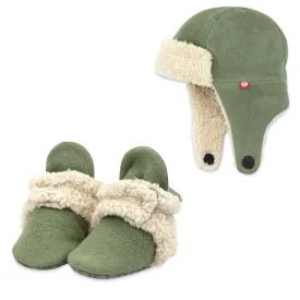 Cozie Furry Bootie & Trapper Hat Set - Olive