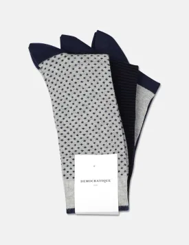 Democratique Solid Socks 3 Pack - Navy Dots/Navy Stripes/Black