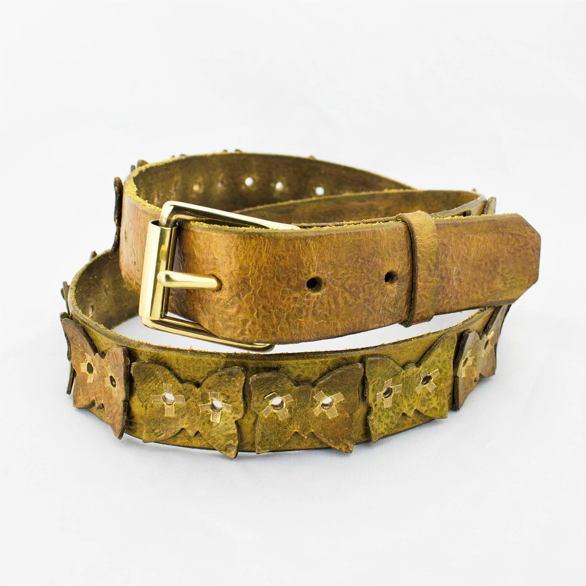 Distressed Golden Olive Vintage Leather Belt with Butterflies, Brass Rivets and Buckle