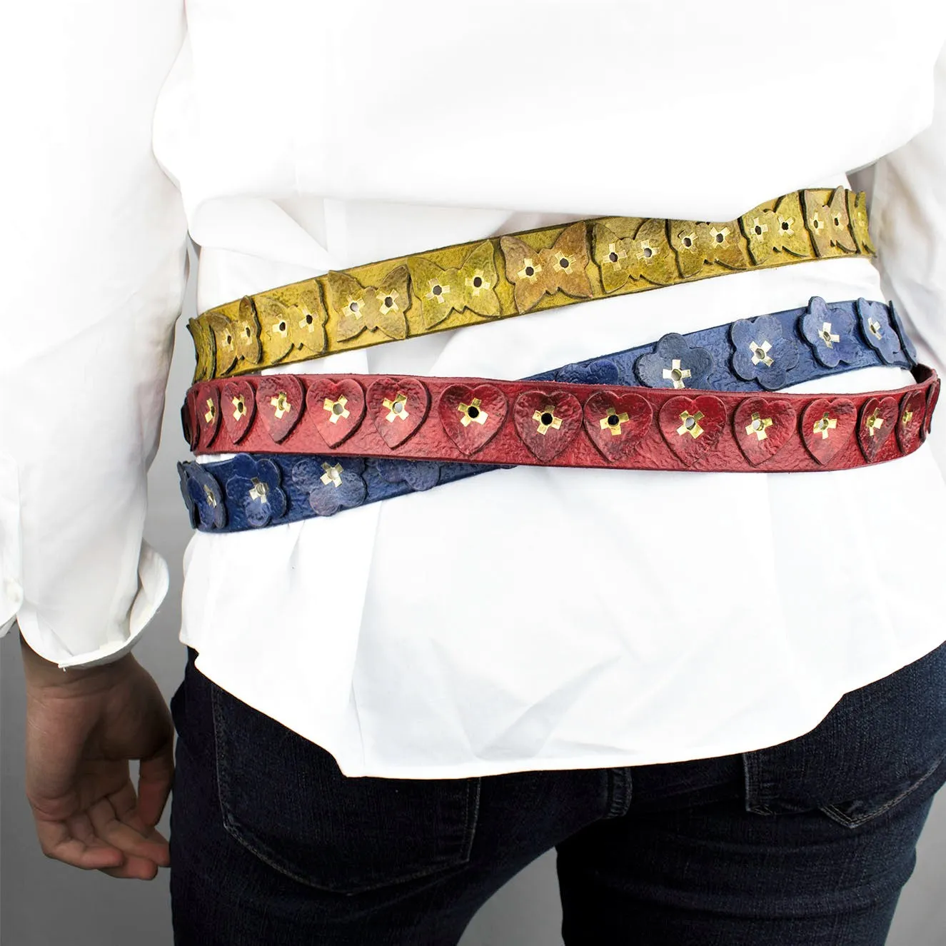 Distressed Golden Olive Vintage Leather Belt with Butterflies, Brass Rivets and Buckle