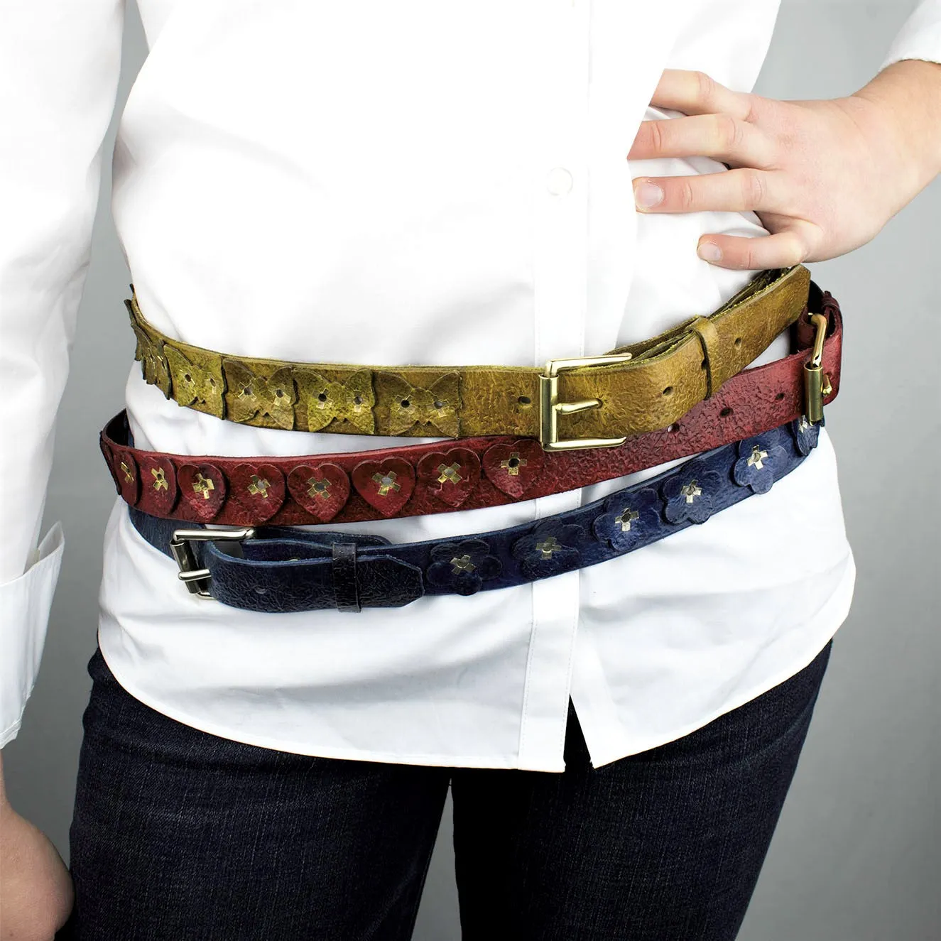 Distressed Golden Olive Vintage Leather Belt with Butterflies, Brass Rivets and Buckle