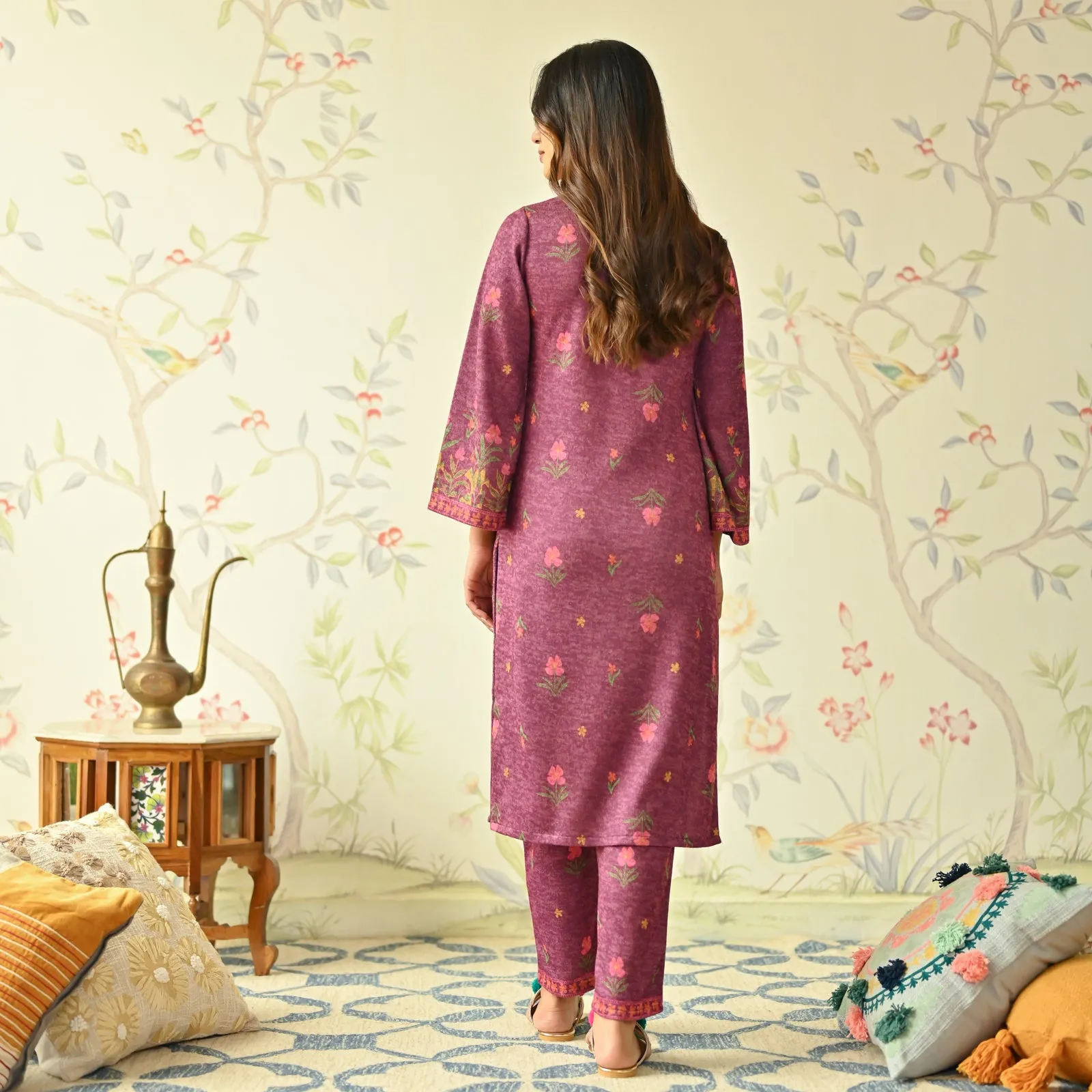 Dusty Pink Floral Woollen Kurta with Bell Sleeves