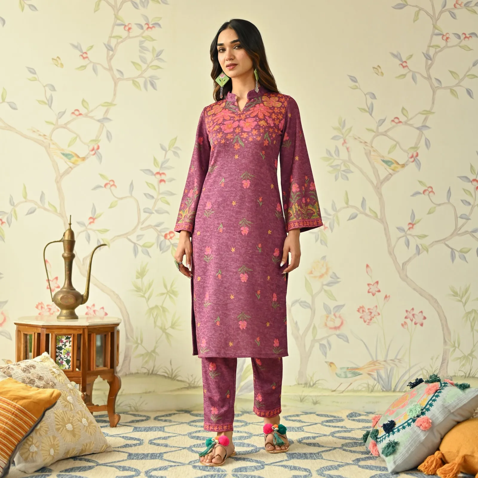 Dusty Pink Floral Woollen Kurta with Bell Sleeves