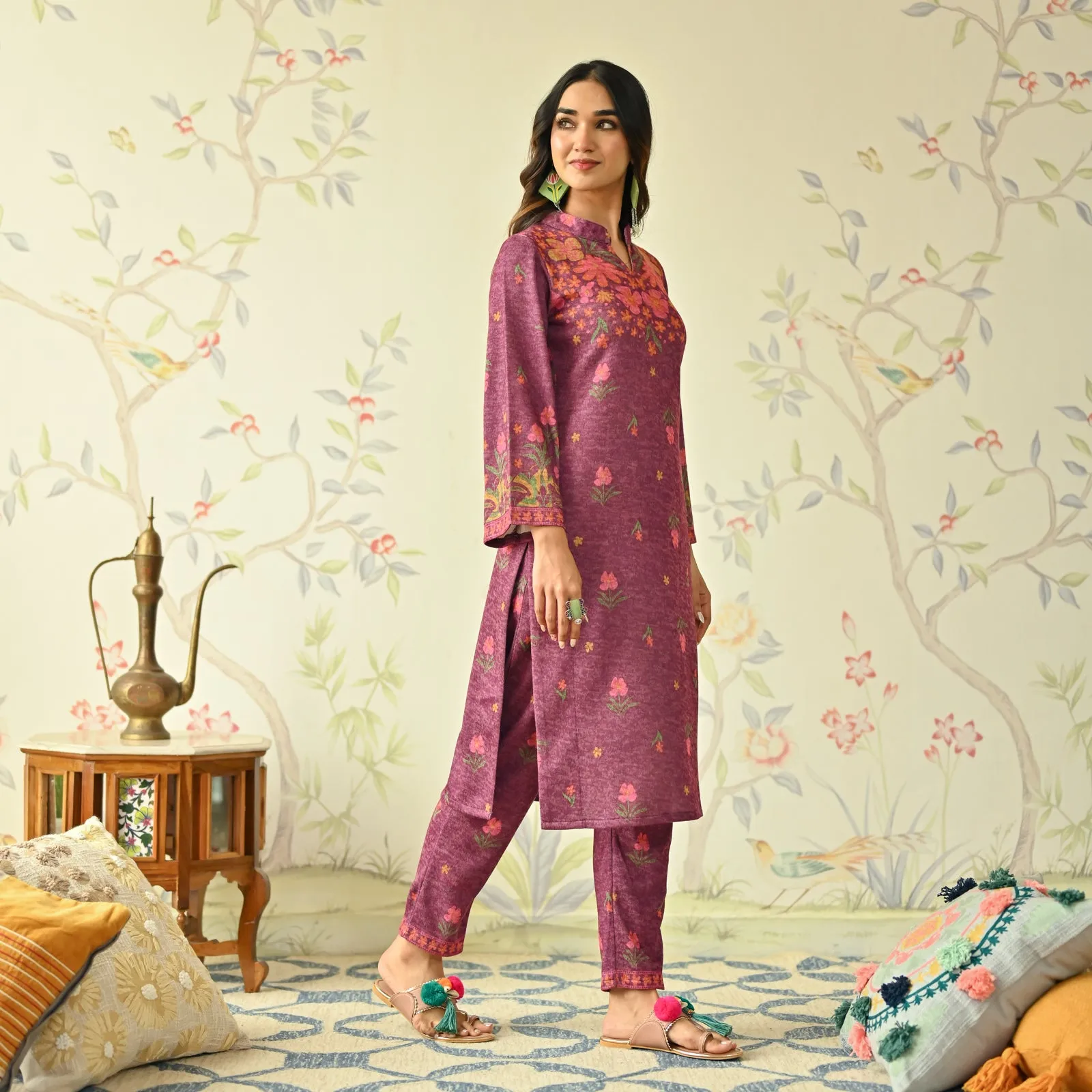 Dusty Pink Floral Woollen Kurta with Bell Sleeves