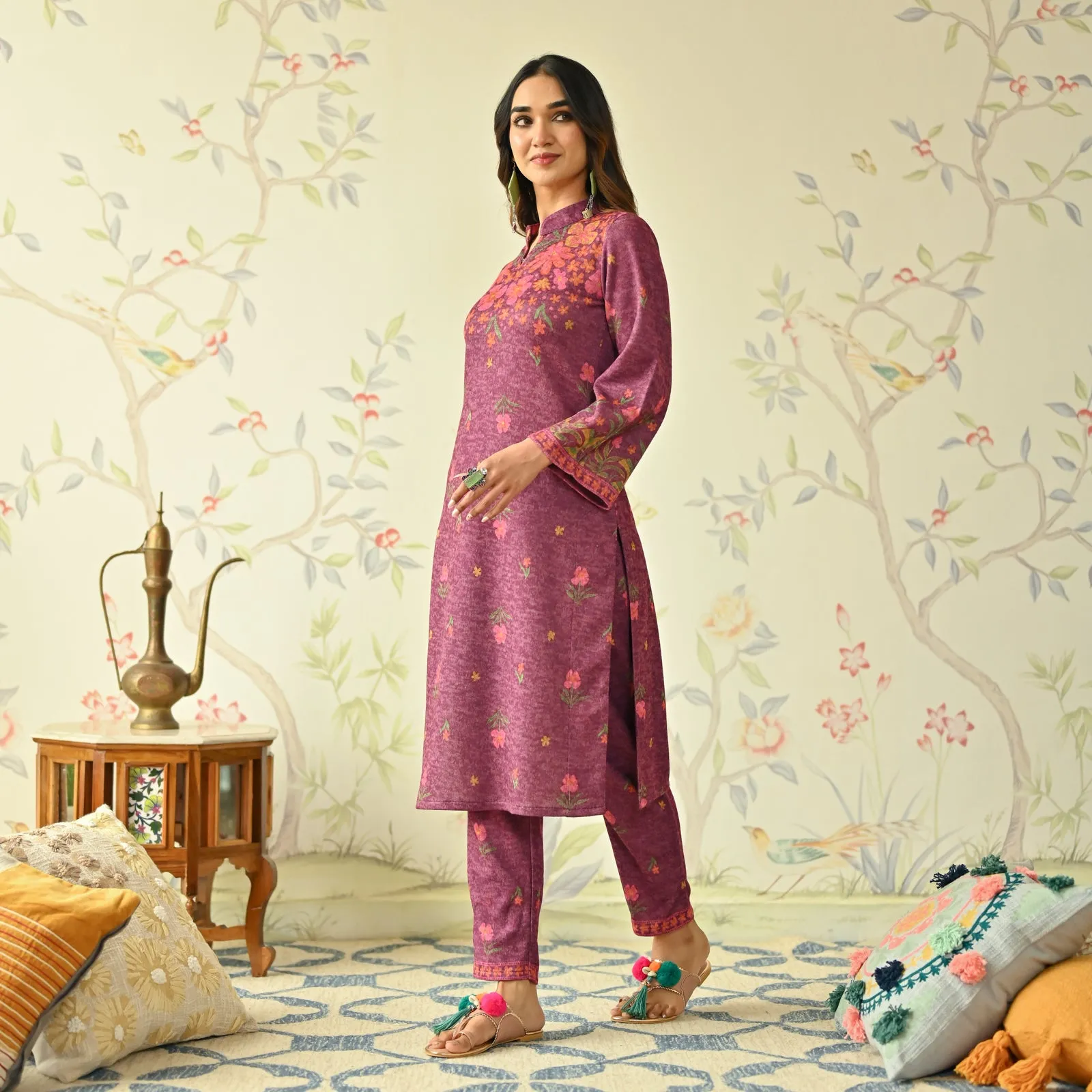 Dusty Pink Floral Woollen Kurta with Bell Sleeves