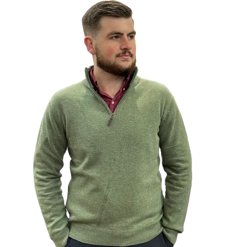 Half Zip Merino Wool/Cashmere Pullover - Moss Green