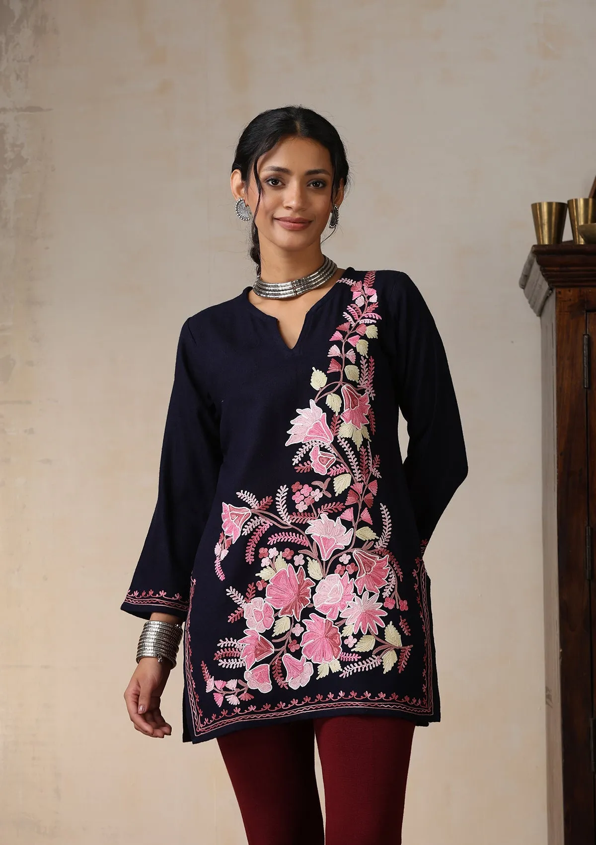 HOC Crafts Aari Embroidered Woollen Solid Women's Short Kurta - Navy Blue