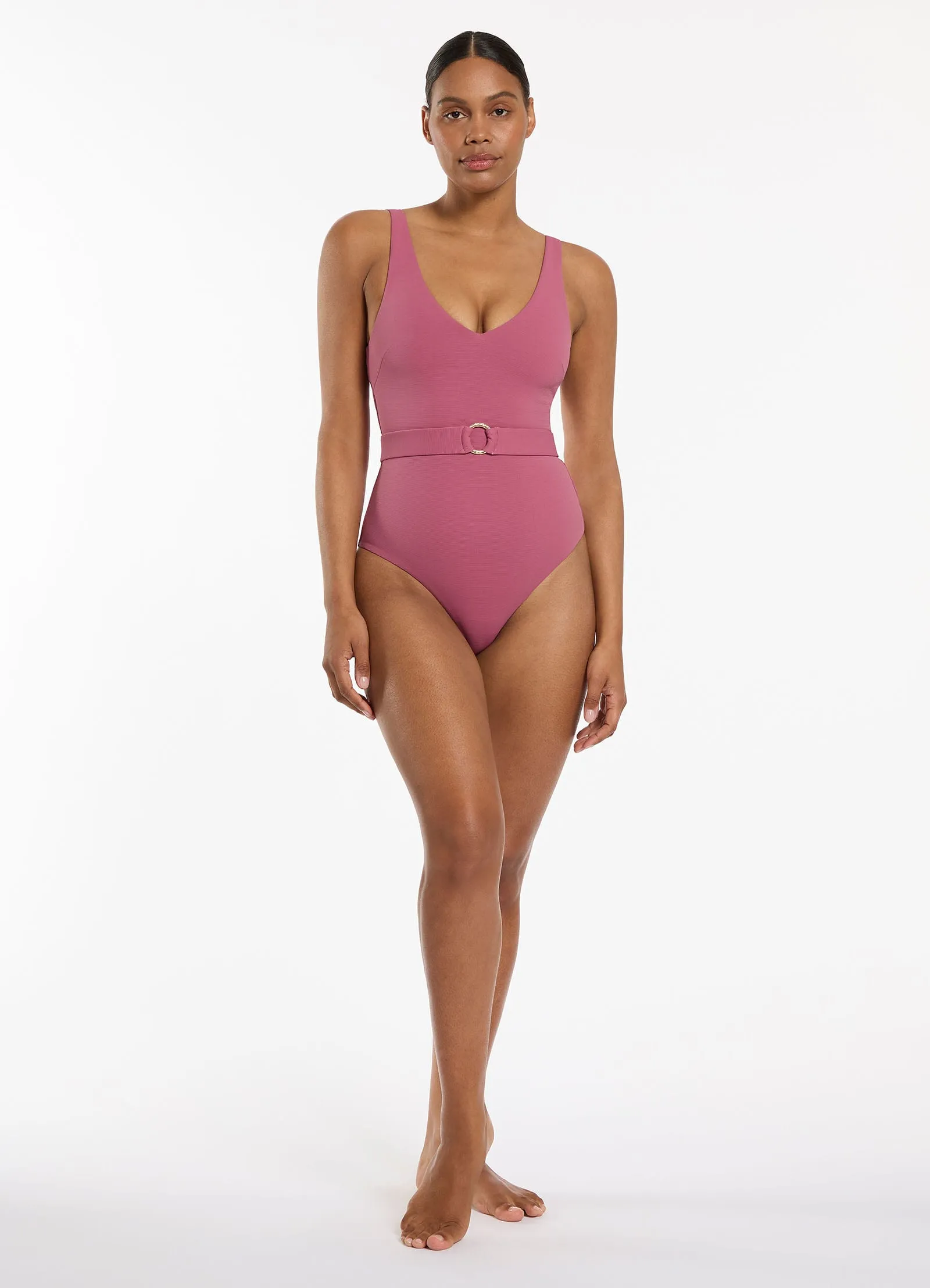 Isla Rib V-Neckline Belted One Piece - Mauve