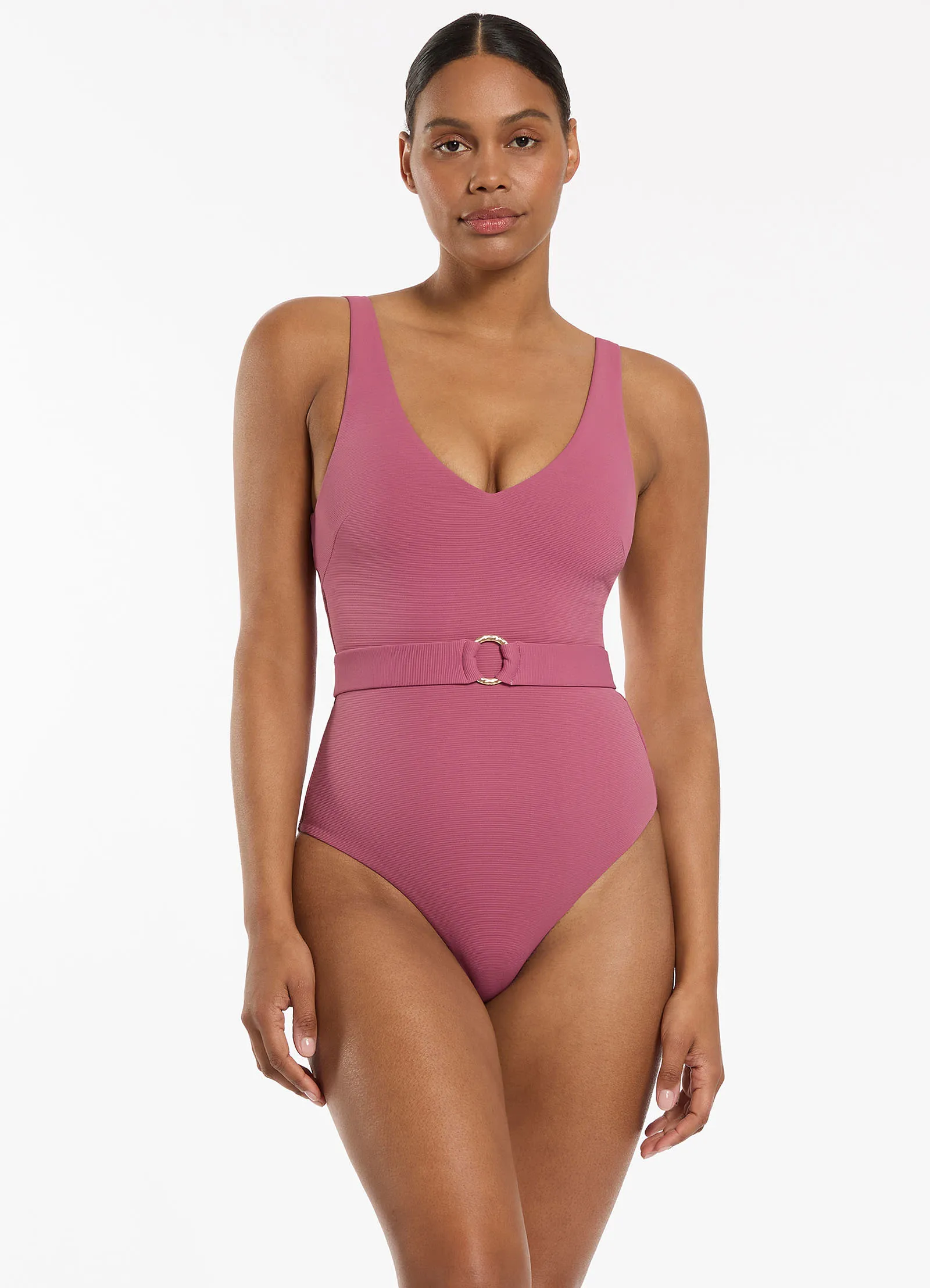 Isla Rib V-Neckline Belted One Piece - Mauve