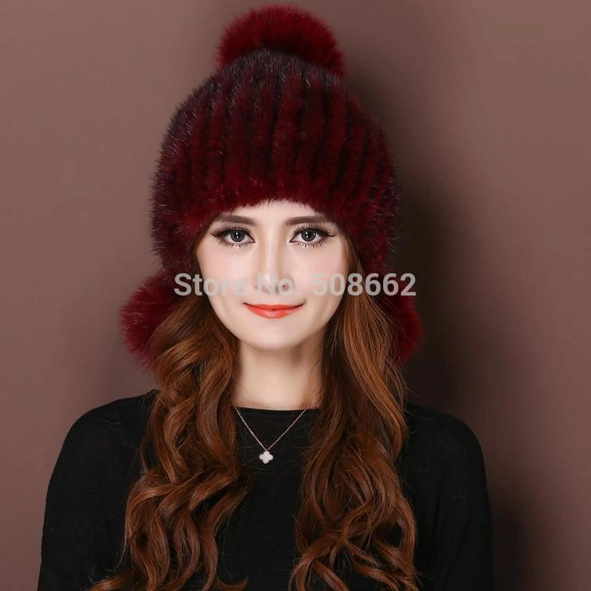 Knitted Real Mink Fur Hat Fur Cap Fox Fur Pom Pom Decoration Beanie Hat Headgear Head Warmer Headdress FS14680