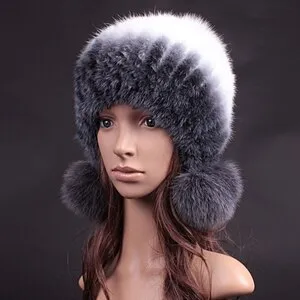 Knitted Real Mink Fur Hat Fur Cap Fox Fur Pom Pom Decoration Beanie Hat Headgear Head Warmer Headdress FS14680