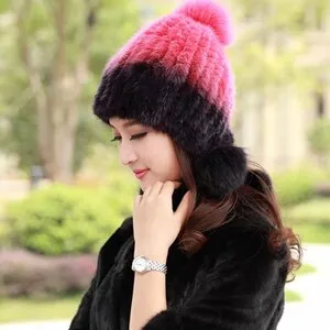 Knitted Real Mink Fur Hat Fur Cap Fox Fur Pom Pom Decoration Beanie Hat Headgear Head Warmer Headdress FS14680