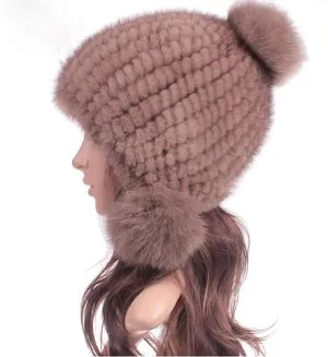 Knitted Real Mink Fur Hat Fur Cap Fox Fur Pom Pom Decoration Beanie Hat Headgear Head Warmer Headdress FS14680