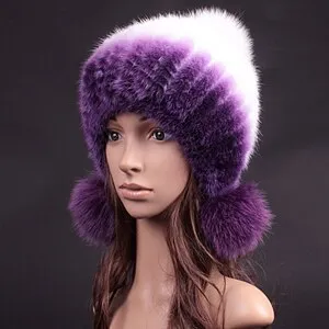 Knitted Real Mink Fur Hat Fur Cap Fox Fur Pom Pom Decoration Beanie Hat Headgear Head Warmer Headdress FS14680