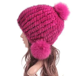 Knitted Real Mink Fur Hat Fur Cap Fox Fur Pom Pom Decoration Beanie Hat Headgear Head Warmer Headdress FS14680