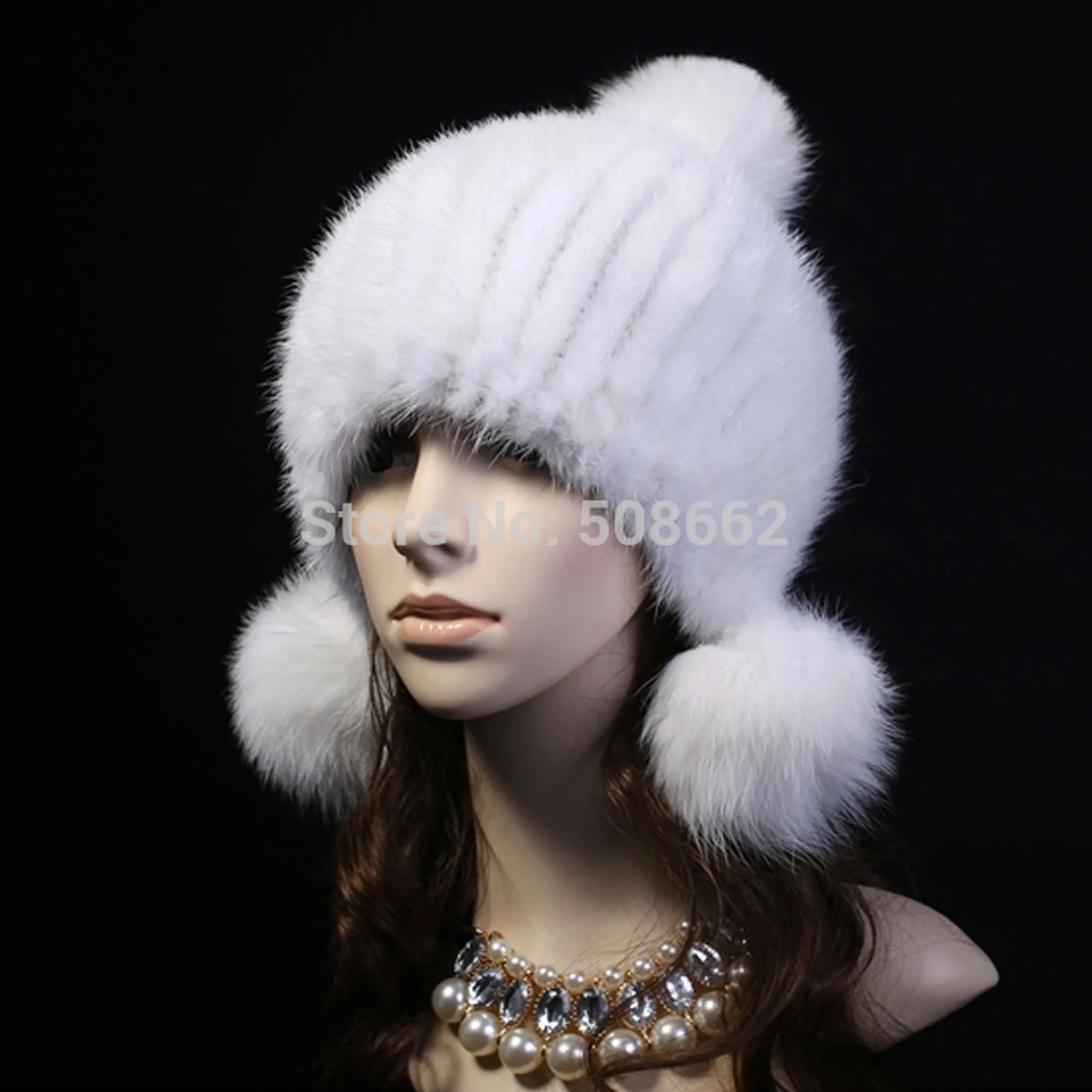 Knitted Real Mink Fur Hat Fur Cap Fox Fur Pom Pom Decoration Beanie Hat Headgear Head Warmer Headdress FS14680