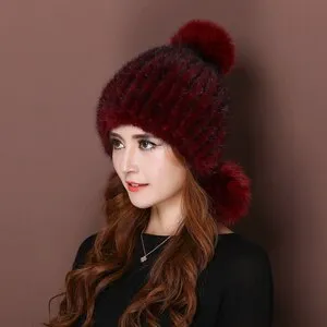 Knitted Real Mink Fur Hat Fur Cap Fox Fur Pom Pom Decoration Beanie Hat Headgear Head Warmer Headdress FS14680