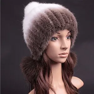 Knitted Real Mink Fur Hat Fur Cap Fox Fur Pom Pom Decoration Beanie Hat Headgear Head Warmer Headdress FS14680