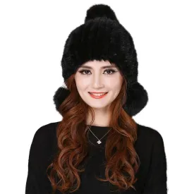 Knitted Real Mink Fur Hat Fur Cap Fox Fur Pom Pom Decoration Beanie Hat Headgear Head Warmer Headdress FS14680