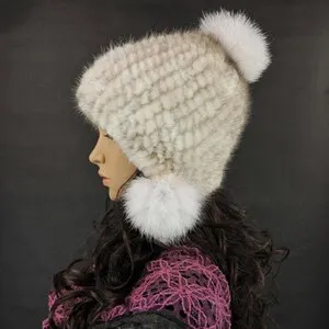 Knitted Real Mink Fur Hat Fur Cap Fox Fur Pom Pom Decoration Beanie Hat Headgear Head Warmer Headdress FS14680