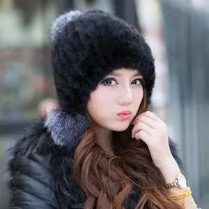 Knitted Real Mink Fur Hat Fur Cap Fox Fur Pom Pom Decoration Beanie Hat Headgear Head Warmer Headdress FS14680