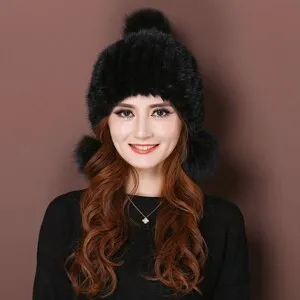 Knitted Real Mink Fur Hat Fur Cap Fox Fur Pom Pom Decoration Beanie Hat Headgear Head Warmer Headdress FS14680