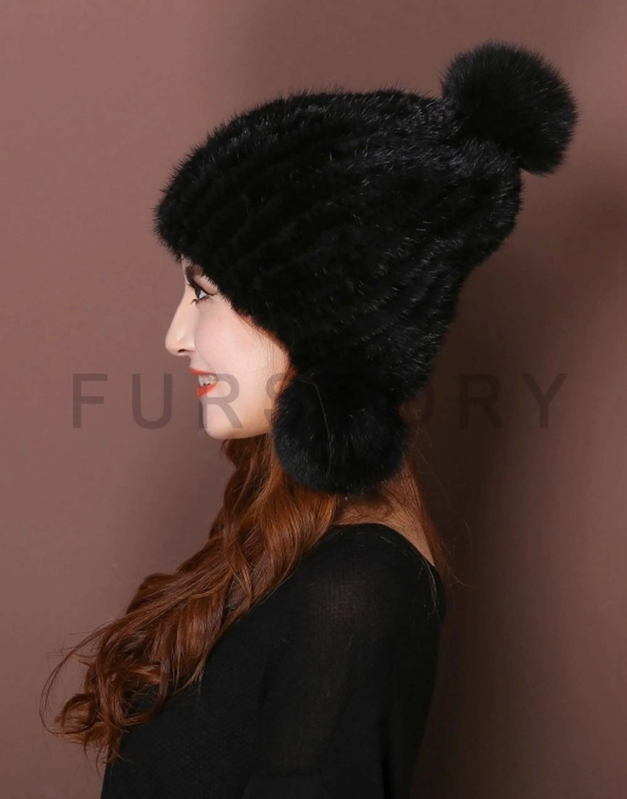 Knitted Real Mink Fur Hat Fur Cap Fox Fur Pom Pom Decoration Beanie Hat Headgear Head Warmer Headdress FS14680