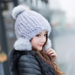 Knitted Real Mink Fur Hat Fur Cap Fox Fur Pom Pom Decoration Beanie Hat Headgear Head Warmer Headdress FS14680