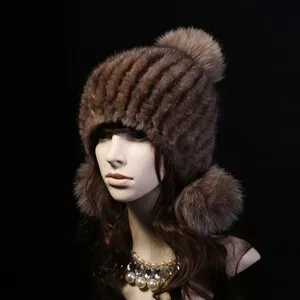 Knitted Real Mink Fur Hat Fur Cap Fox Fur Pom Pom Decoration Beanie Hat Headgear Head Warmer Headdress FS14680