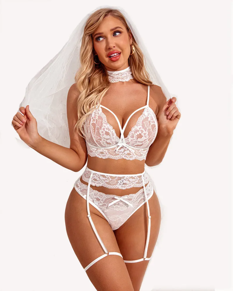 Lace Bra and Panty Set with Garter Belts